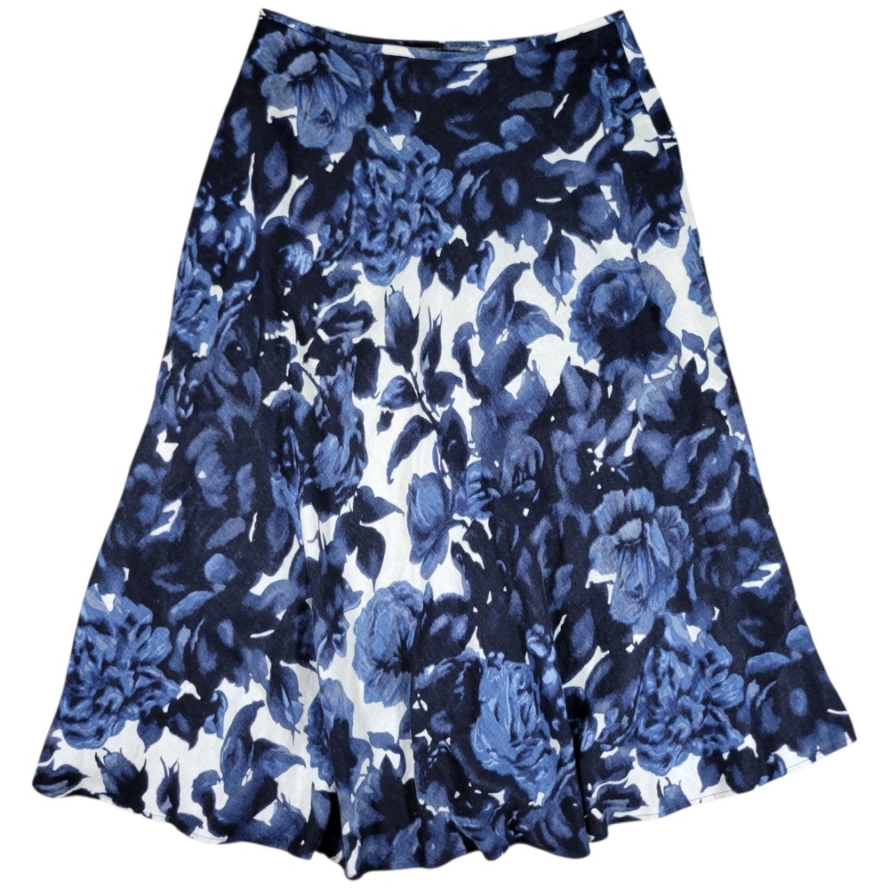 Cato Floral Midi Skirt Womens 8‎ Dark Blue Linen Blend A-Line Moody Cottagecore